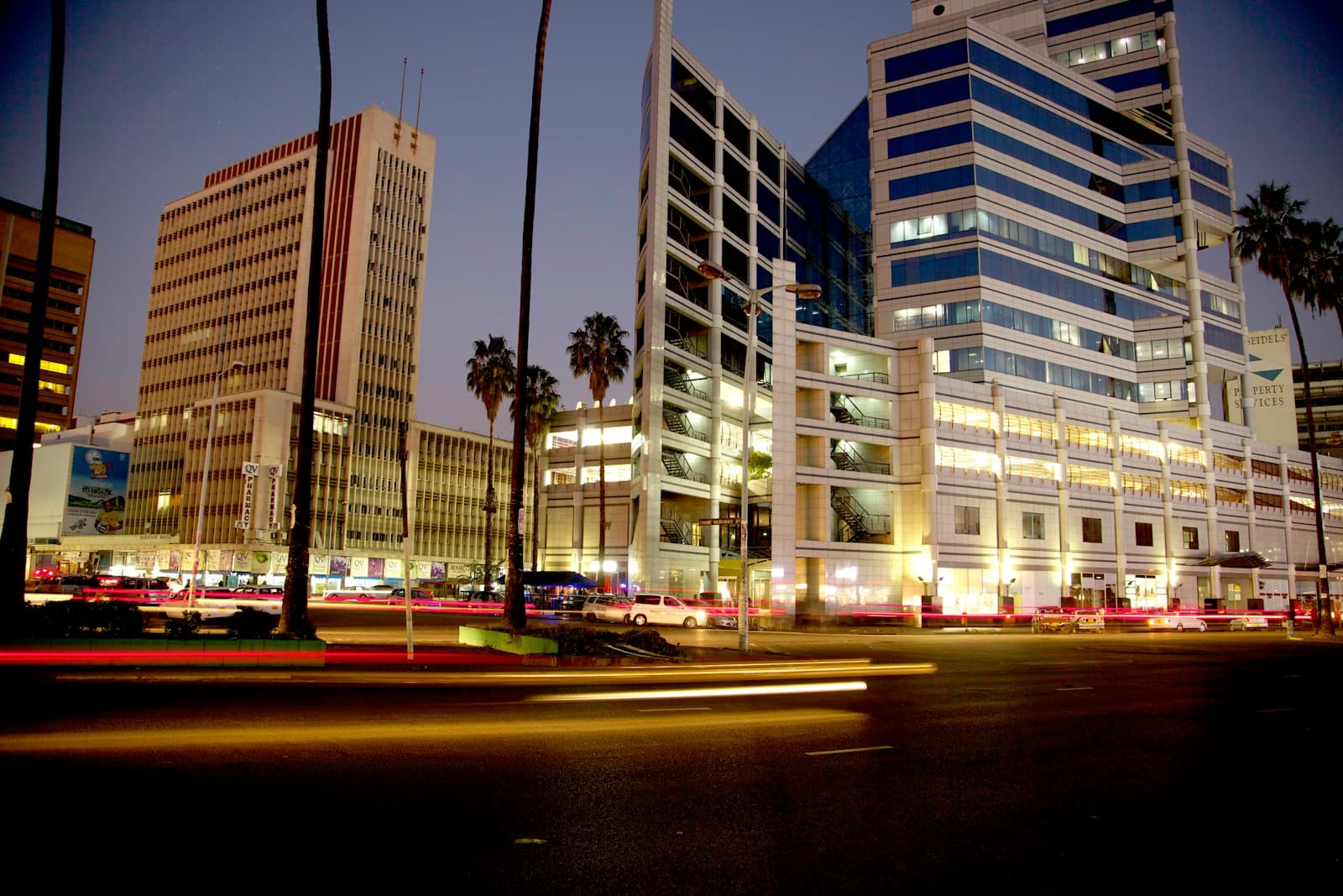 Harare city centre at dusk with light trails from passing traffic